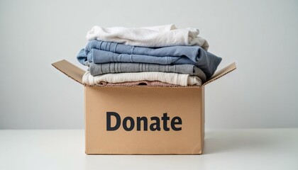 Donation box filled with folded clothes, promoting charitable giving and decluttering