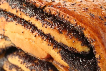 Tasty bun with poppy seeds as background, closeup