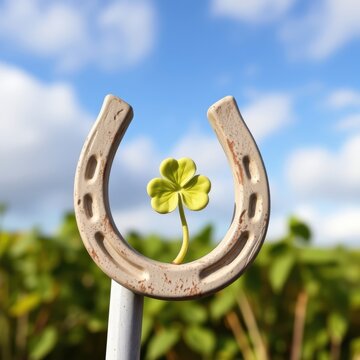 Luck in the Sky A Horseshoe Embracing a Four-Leaf Clover Against a Serene Blue Canvas