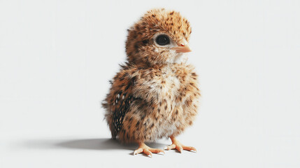 Obraz premium A highly detailed cut-out style illustration of a golden-brown chick with speckled feathers, slightly fluffed up, gazing to the side on a stark white background. Realistic textures