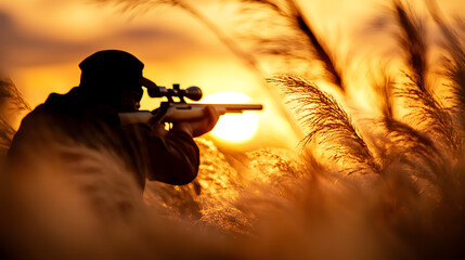 silhouette of soldier aiming rifle at dusk, surrounded by tall grass. warm sunset creates dramatic atmosphere