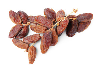 Bunch of tasty dried dates isolated on white, top view