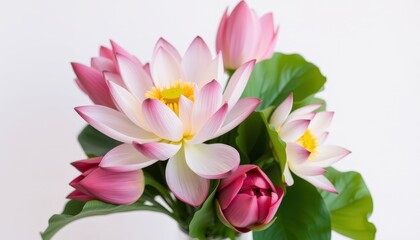 Naklejka premium Whispers of Serenity A Captivating Bouquet of Pink and White Lotus Flowers in Bloom Among Lush Green Leaves.
