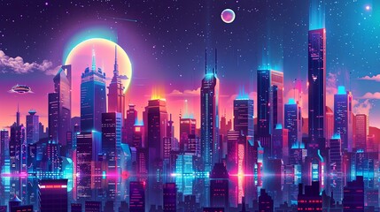 Obraz premium Neon-lit futuristic cityscape at night, under a large moon and starry sky.