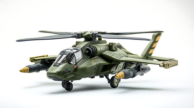 detailed toy helicopter gunship in green color with missile launchers, showcasing intricate design and features
