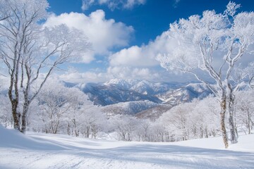 Obraz premium Breathtaking winter wonderland snow covered landscape with frosted trees and majestic mountains