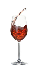 Tasty wine splashing in glass on white background