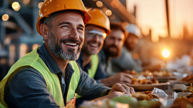 Group of smiling cheerful construction workers is having a lunch break together.