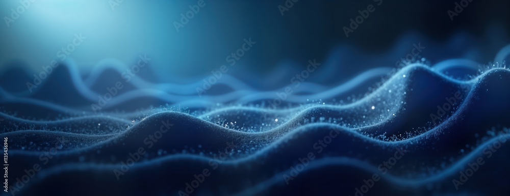 Poster Dark blue abstract background with light effects. Wavy lines, patterns create dynamic graphic. Modern, minimalist design suitable for tech digital art. Futuristic illustration. Smooth gradient