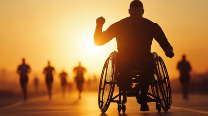 A determined wheelchair racer sprints towards a vibrant sunset, outpacing the competitors behind.