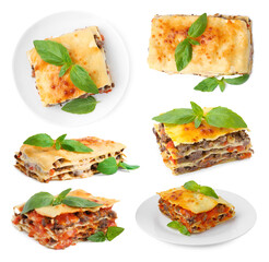 Pieces of delicious lasagna isolated on white, set