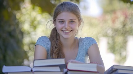Naklejka premium Female College Student Smiling While Studying Outdoors with Books