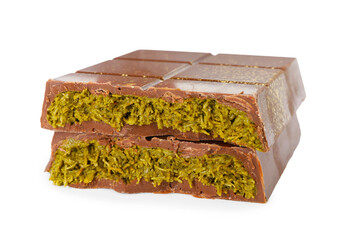 Pieces of tasty Dubai chocolate with pistachios and knafeh isolated on white