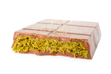 Piece of tasty Dubai chocolate with pistachios and knafeh isolated on white