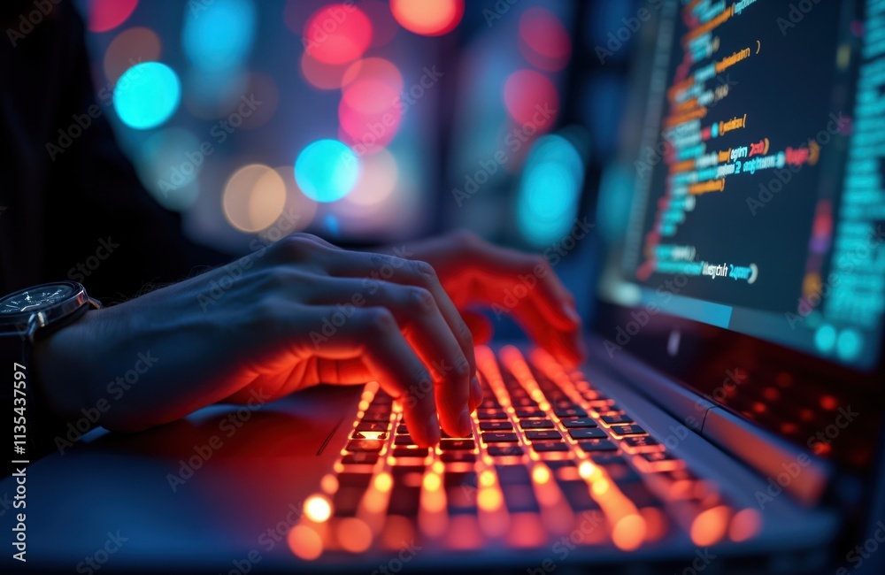 Aufkleber Close up view of hands typing on illuminated keyboard. Programmer working late night. Code displayed on laptop screen. Intense focus on tech task. Fast paced development world. Digital innovation in