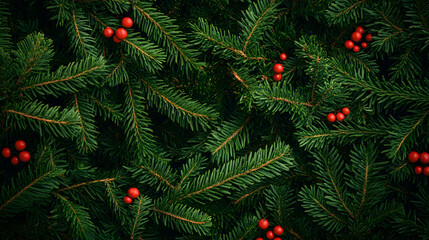 Christmas tree branches creating a nature-inspired banner for the New Year, viewed from above.