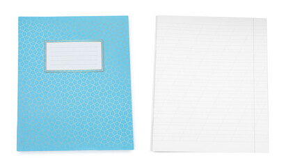 Open and closed notebook on white background. School stationery