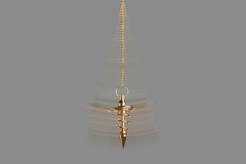 Hypnosis session. Golden pendulum swinging on grey background, motion blur effect