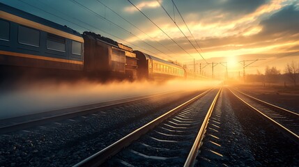 Naklejka premium Vintage Train Moving Through Misty Sunrise. Concept of Travel, Journey, and Nostalgia.