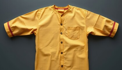 Vibrant yellow shirt with a stylish red-trimmed collar and sleeves, complete with a convenient pocket and buttoned front for a pop of color and casual elegance.