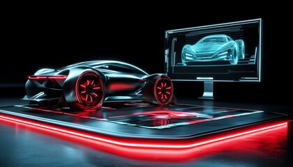 Futuristic holographic car display featuring intricate design and neon accents in a high tech room