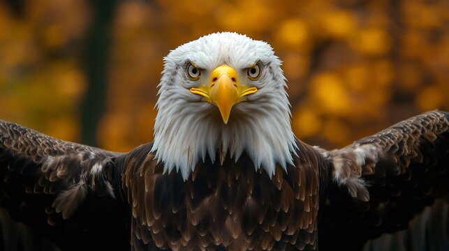 Majestic bald eagle opening its powerful wings in autumn scenery - Powered by Adobe
