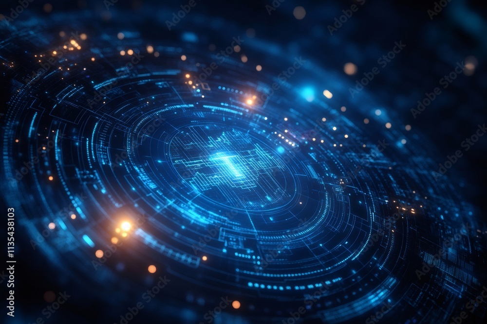 Fototapete Futuristic glowing blue circular hud element rotating and showing data flow