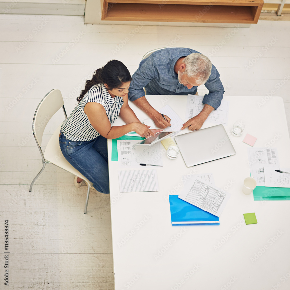 Poster architect, tablet and team planning in meeting with design process, development project or online pr