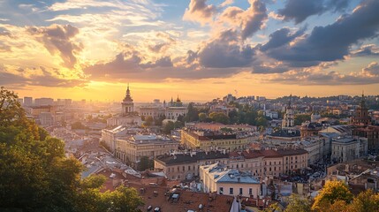 Naklejka premium Panoramic Sunset View of Vilnius, Lithuania. Cityscape at Golden Hour.