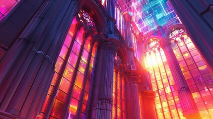 Gothic Cathedral Interior with Vibrant, Neon-Lit Stained Glass Windows