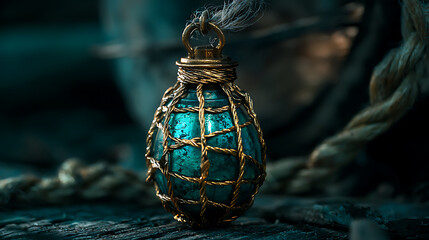 decorative turquoise pendant wrapped in gold wire, resting on wooden surface. intricate design and texture create captivating visual