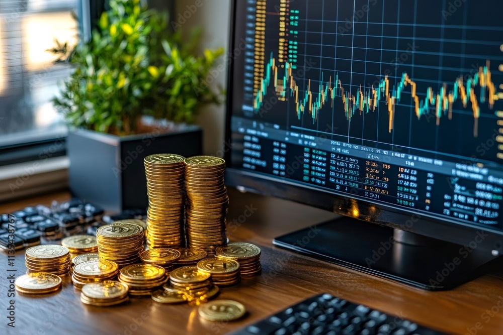 Poster Bitcoin cryptocurrency stack increasing showing growing investment on computer screen with stock market chart