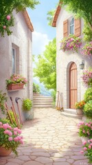 Charming stone alley with blooming flowers