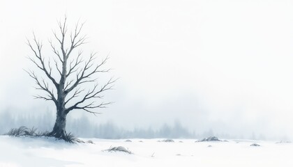 Lonely tree in a snowy landscape under a cloudy winter sky