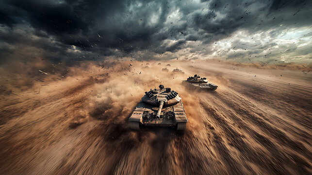 dramatic scene of tanks advancing through dusty landscape under stormy sky, evoking sense of urgency and power
