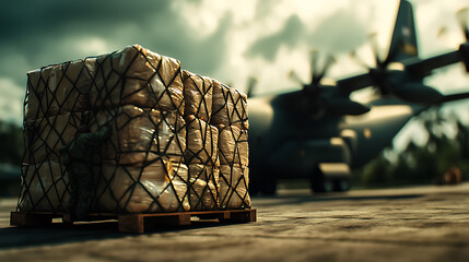transport aircraft on runway with cargo pallets stacked nearby, showcasing military logistics and operations