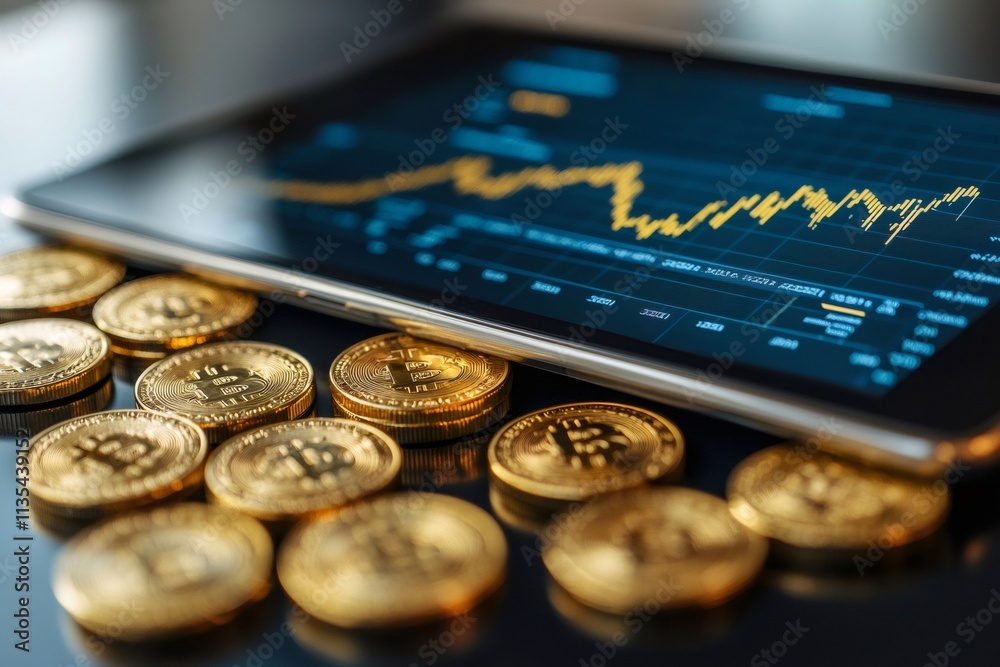 Poster Bitcoin cryptocurrency coins showing decreasing values on tablet screen chart