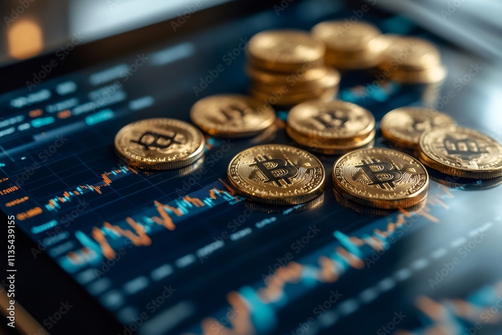 Poster bitcoin cryptocurrency coins lying on tablet showing stock market data chart