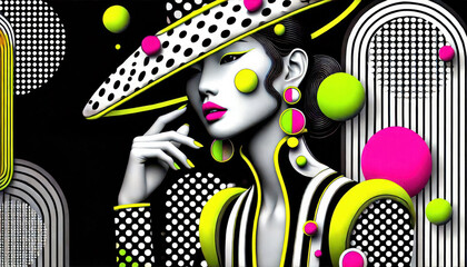 Vibrant Abstract Optical Art Woman Portrait with Geometric Colors and Lines.
