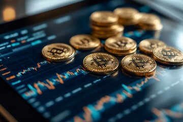 Bitcoin cryptocurrency coins lying on tablet showing stock market data chart