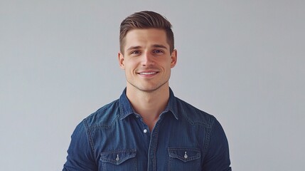 Obraz premium Young Smiling Man in Denim Shirt Standing with Confidence