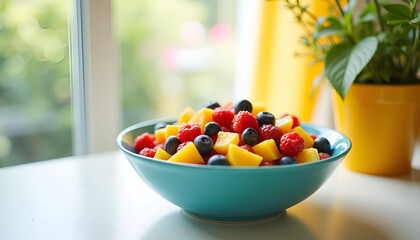Colorful fruit salad in a blue bowl featuring a mix of berries and mango on a bright kitchen table, home-cooked meals,  saving money
