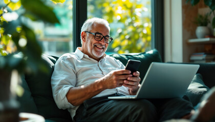 A smiling older man relaxes on a couch while using his smartphone and laptop, appreciating technology.


