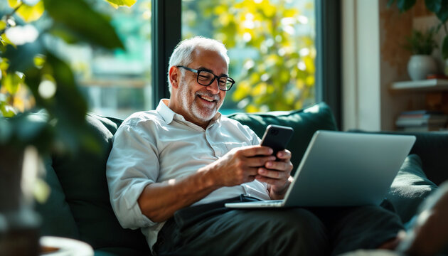 A smiling older man relaxes on a couch while using his smartphone and laptop, appreciating technology.

