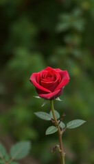 Whispers of Elegance A Lush Red Rose Embraced by Natures Haze, Capturing Timeless Beauty in Every Petal.