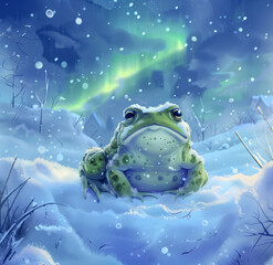 A cute little frog standing on the snow looking up at the colorful northern lights in the sky, minimalist illustration style, pastel colors, simple watercolor aurora borealis