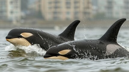 Obraz premium Two orcas swimming together in a coastal environment.