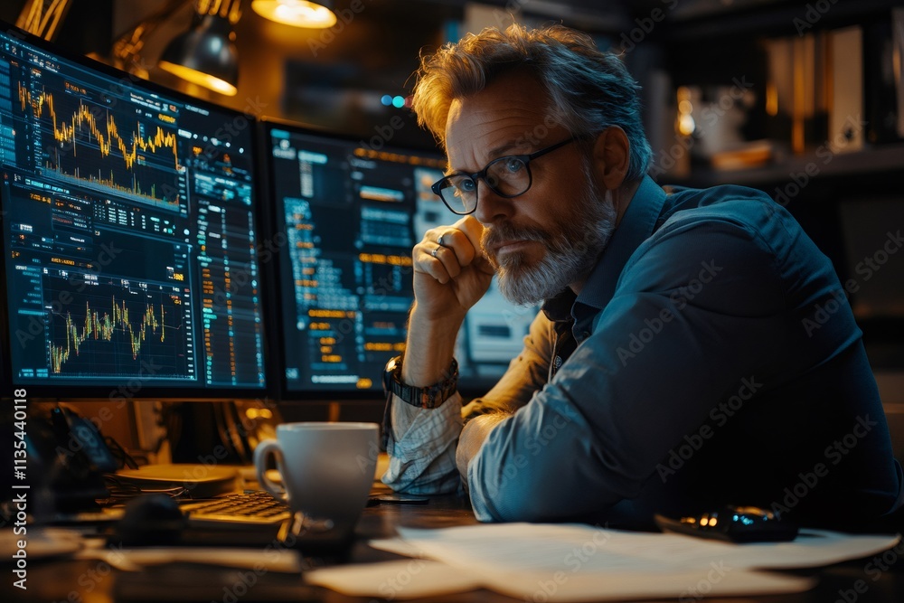 Poster Financial analyst working late analyzing charts on multiple computer screens