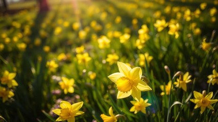 Fototapeta premium Vibrant daffodil flowers blooming in a sunlit field during spring season, yellow, sunlit, petals