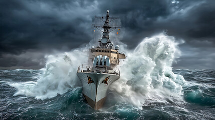 Obraz premium dramatic image of battleship navigating through stormy sea, showcasing powerful waves and dark clouds